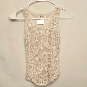 Valenti medium white distressed knit beaded tank top w lining, fishnet back crop